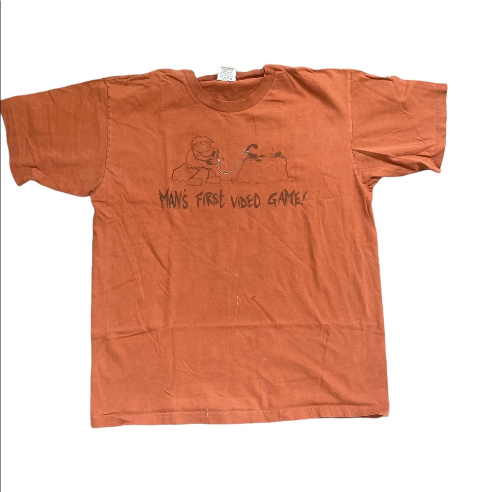 Vintage Funny Mans First Video Game T-Shirt Rust Color Size L.